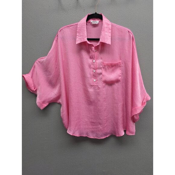 Andree By Unit Shirt Womens Large Pink Sheer Oversized Blouse Button Pocket Top - Picture 1 of 10